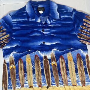 HAWAIIAN RESERVE COLLECTION Men's Blue Surfboard Graphic Button Up Shirt Large